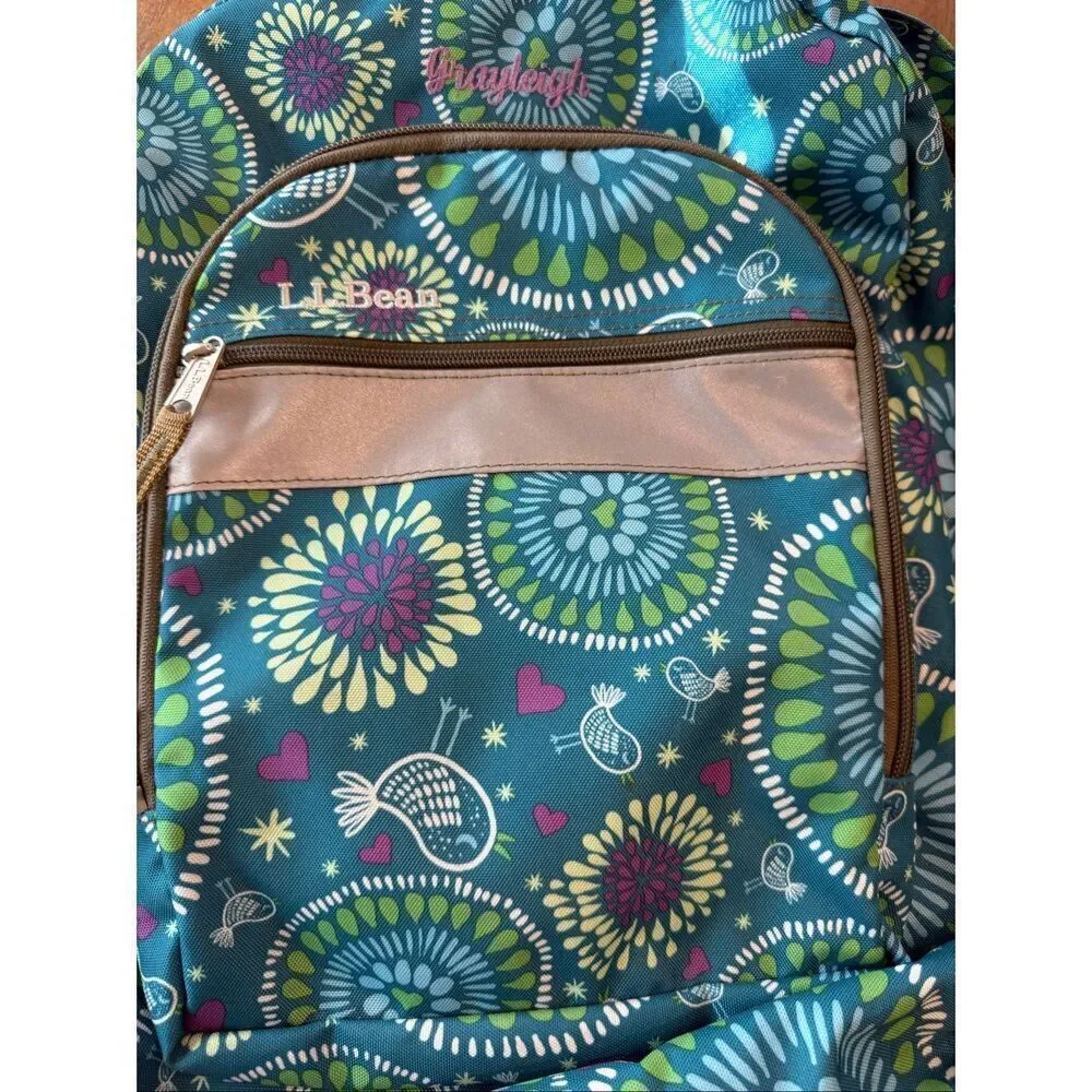 LL Bean Backpack Girls School Blue Birds Lg Padded Back And Straps Has Monogram